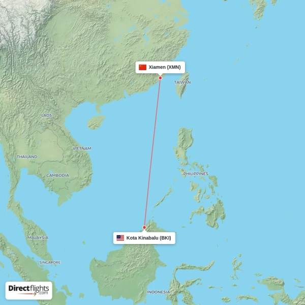 Xiamen - Kota Kinabalu direct flight map