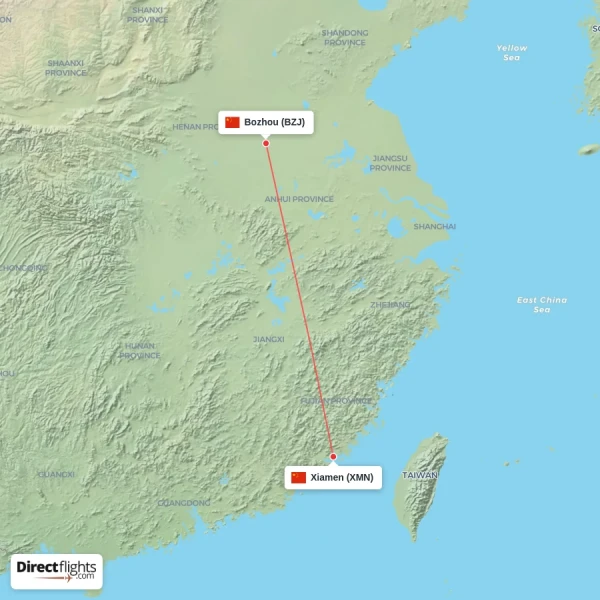 Xiamen - Bozhou direct flight map
