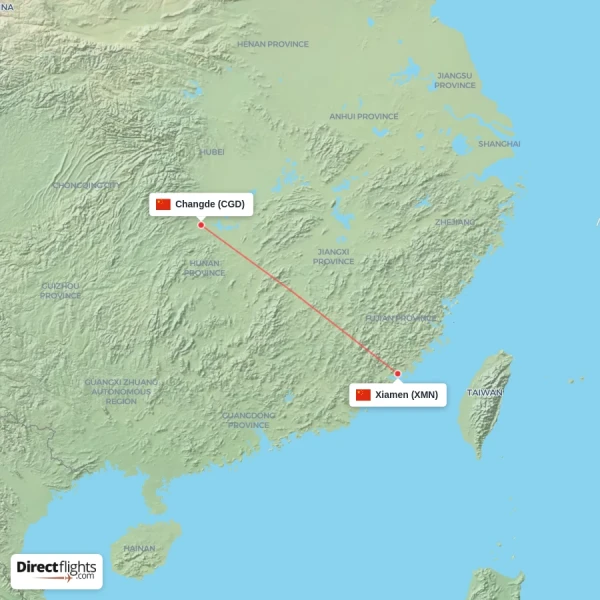 Xiamen - Changde direct flight map
