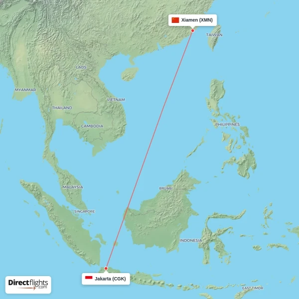 Xiamen - Jakarta direct flight map
