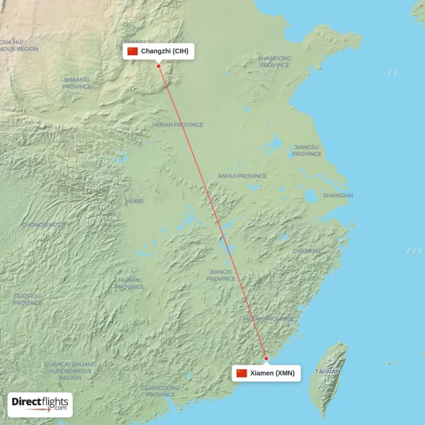Xiamen - Changzhi direct flight map