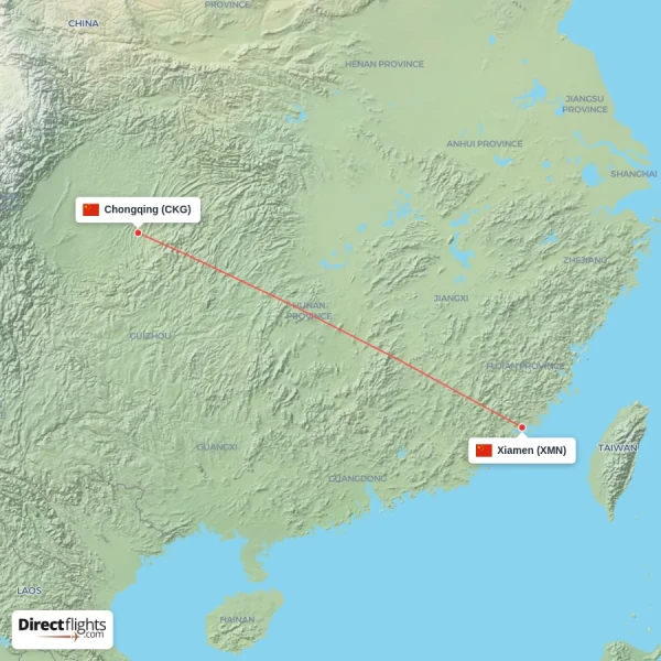 Xiamen - Chongqing direct flight map