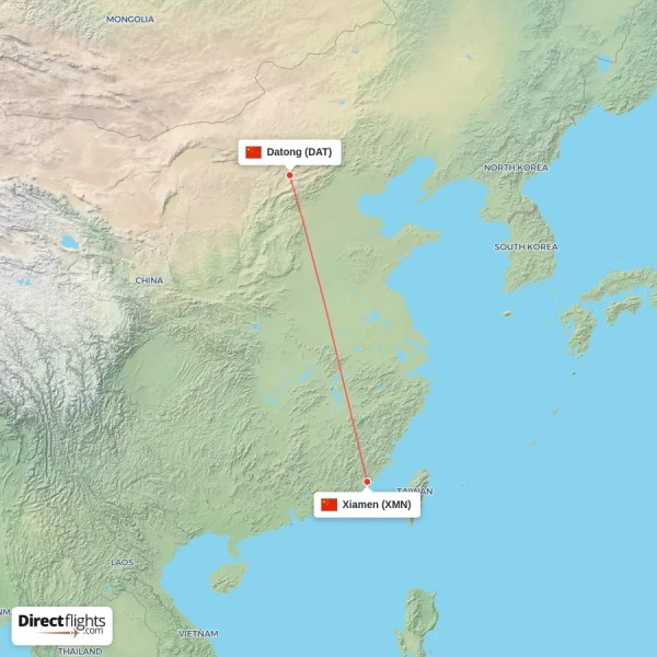Xiamen - Datong direct flight map