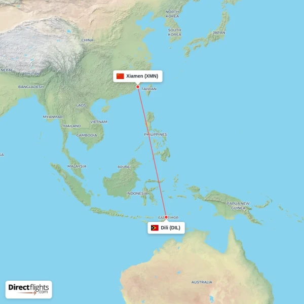 Xiamen - Dili direct flight map