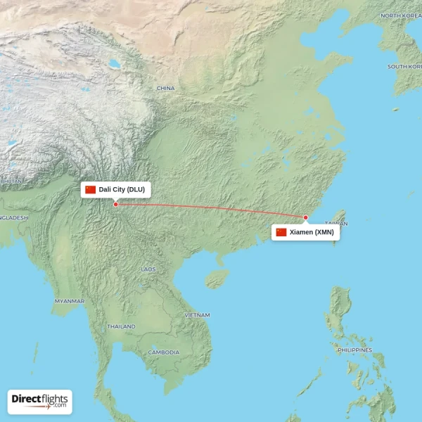 Xiamen - Dali City direct flight map