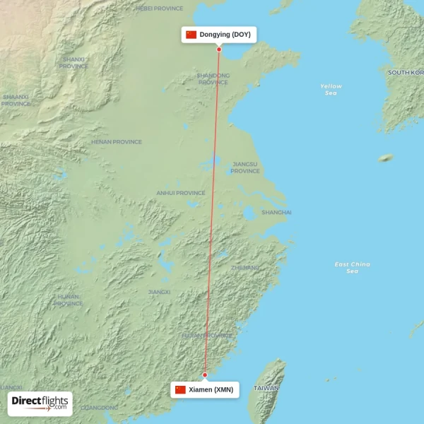Xiamen - Dongying direct flight map
