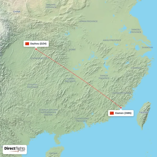 Xiamen - Dazhou direct flight map