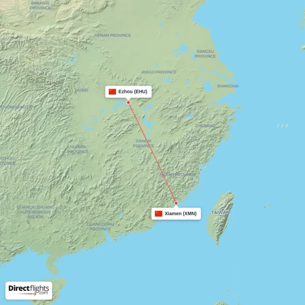 Xiamen - Ezhou direct flight map