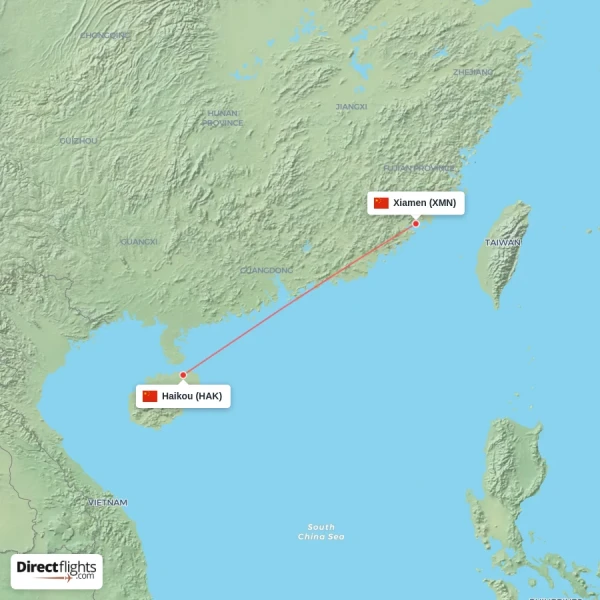 Xiamen - Haikou direct flight map