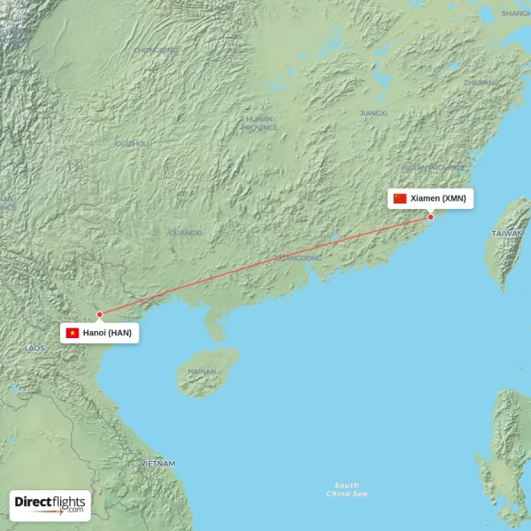 Xiamen - Hanoi direct flight map