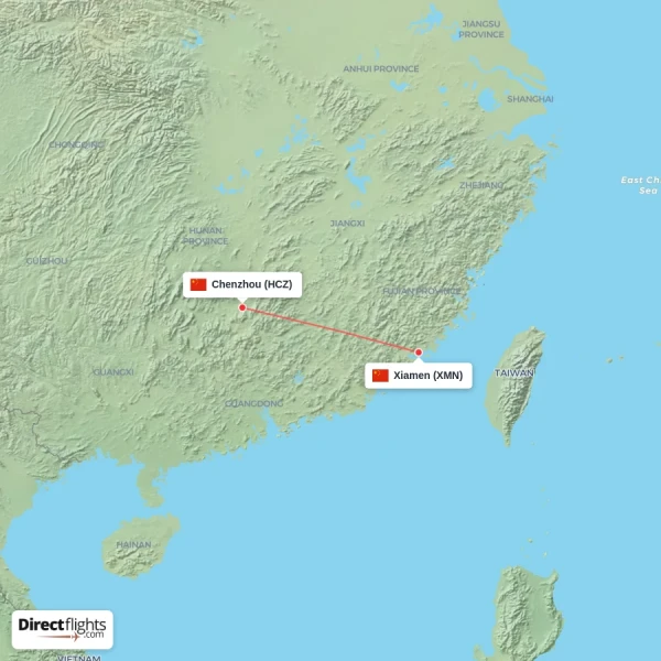Xiamen - Chenzhou direct flight map