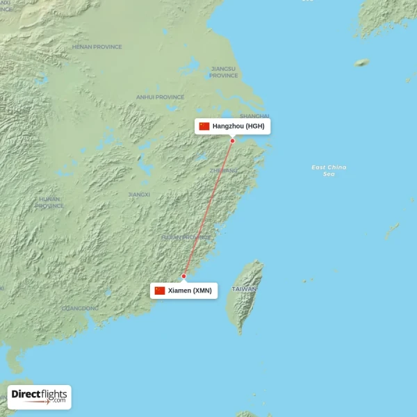 Xiamen - Hangzhou direct flight map