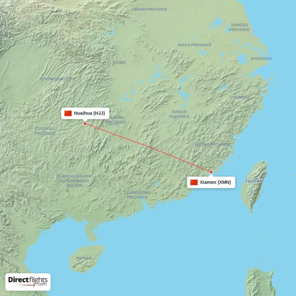 Xiamen - Huaihua direct flight map