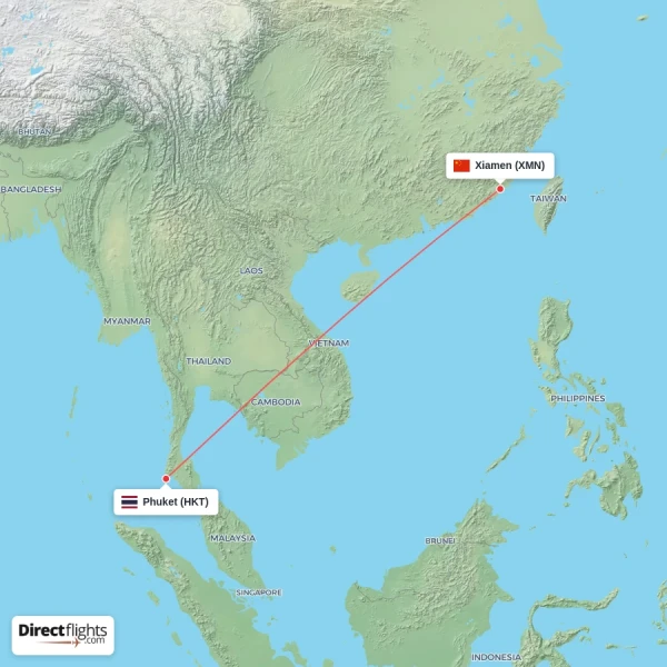 Xiamen - Phuket direct flight map