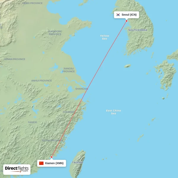 Xiamen - Seoul direct flight map