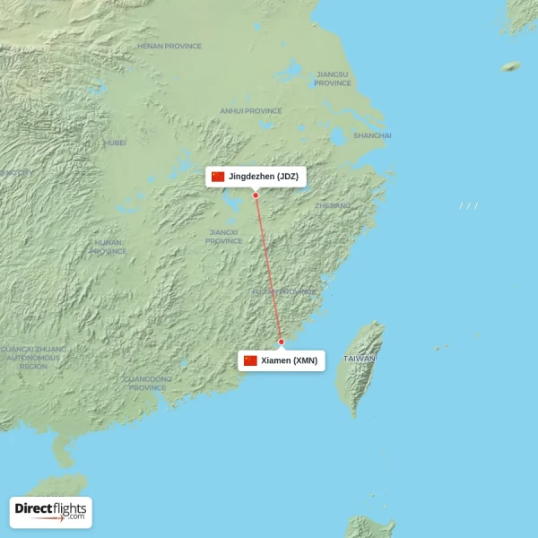 Xiamen - Jingdezhen direct flight map