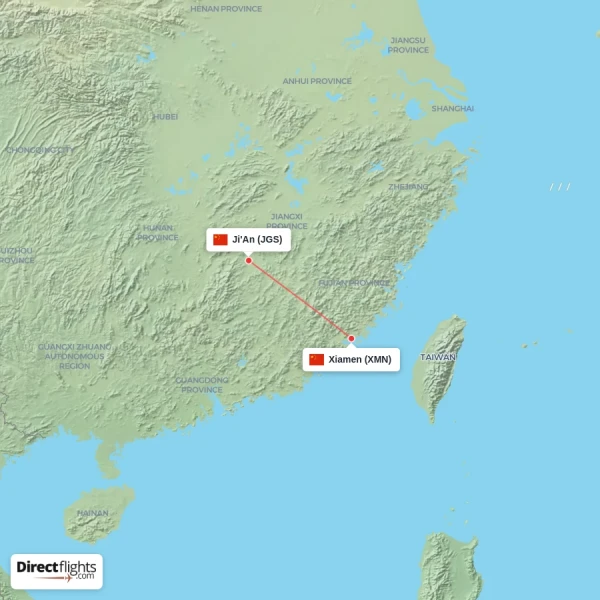 Xiamen - Ji'An direct flight map