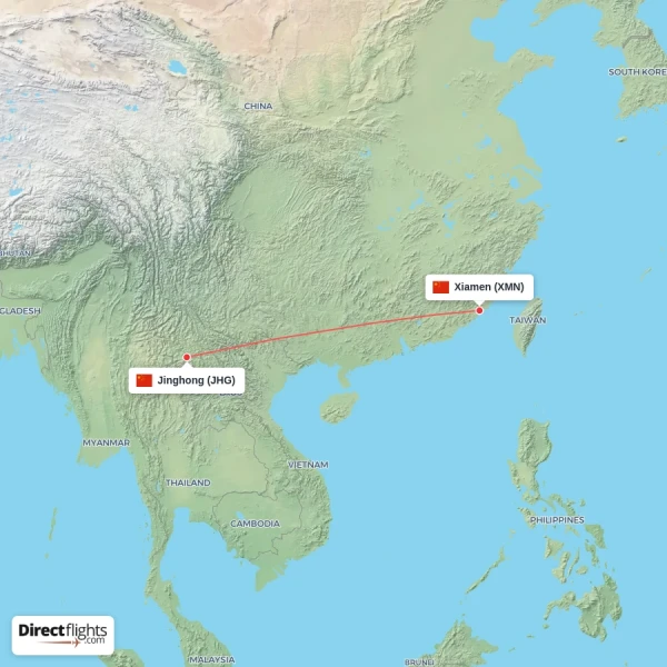 Xiamen - Jinghong direct flight map