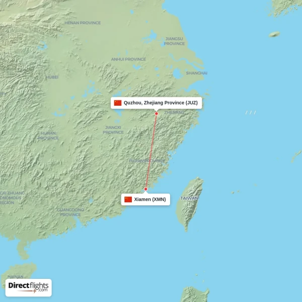 Xiamen - Quzhou, Zhejiang Province direct flight map