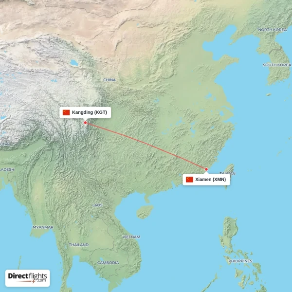 Xiamen - Kangding direct flight map