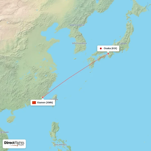 Xiamen - Osaka direct flight map