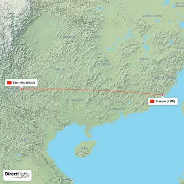 Xiamen - Kunming direct flight map