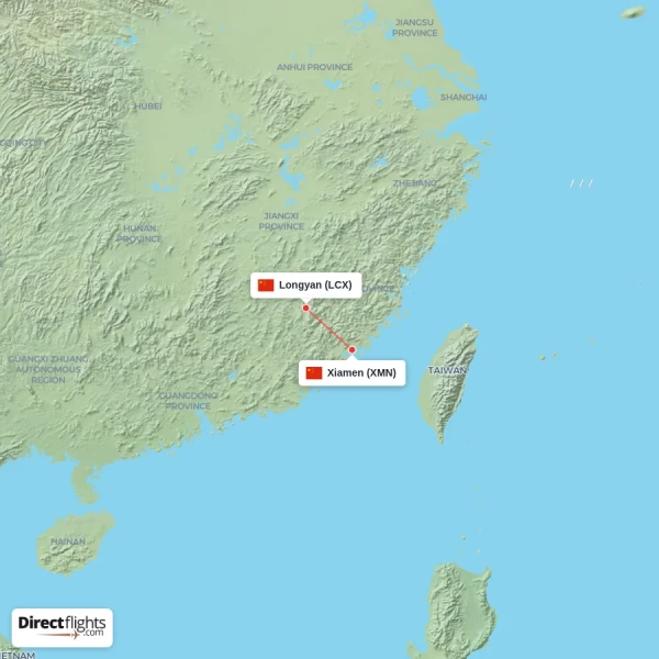 Xiamen - Longyan direct flight map