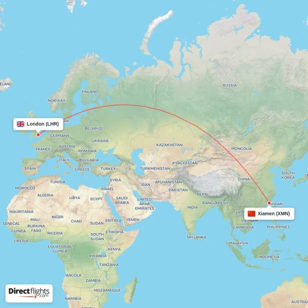 Xiamen - London direct flight map