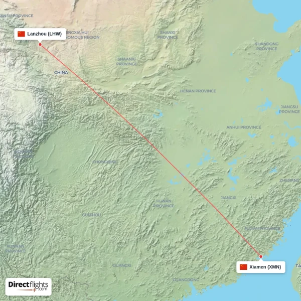 Xiamen - Lanzhou direct flight map