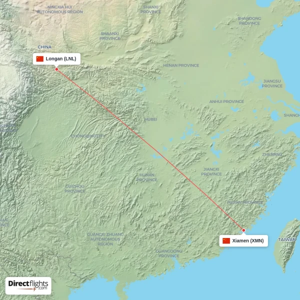 Xiamen - Longan direct flight map