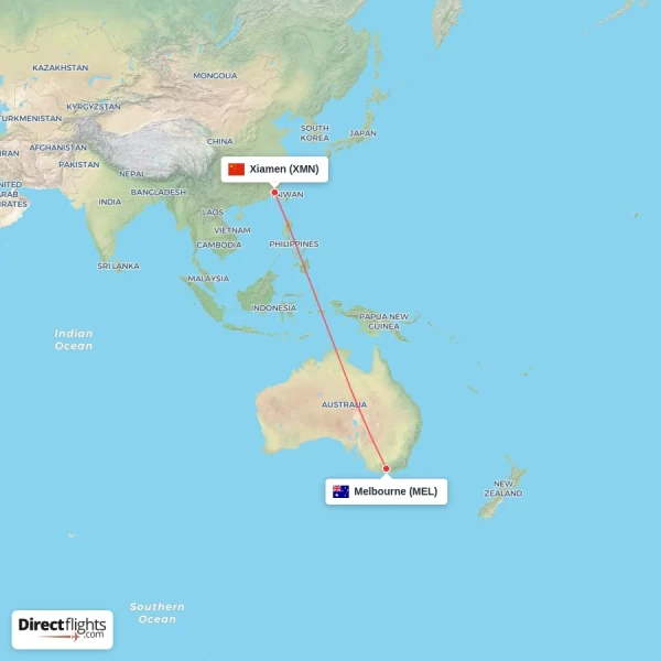 Xiamen - Melbourne direct flight map