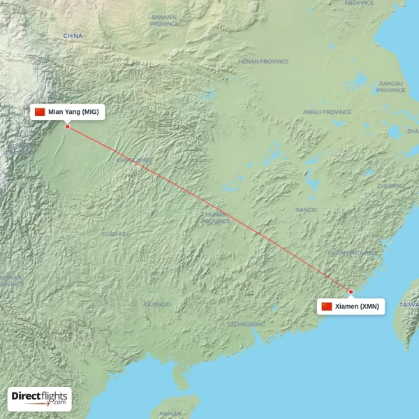 Xiamen - Mian Yang direct flight map