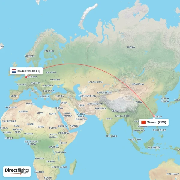 Xiamen - Maastricht direct flight map