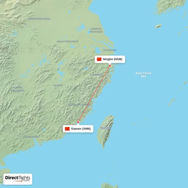 Xiamen - Ningbo direct flight map