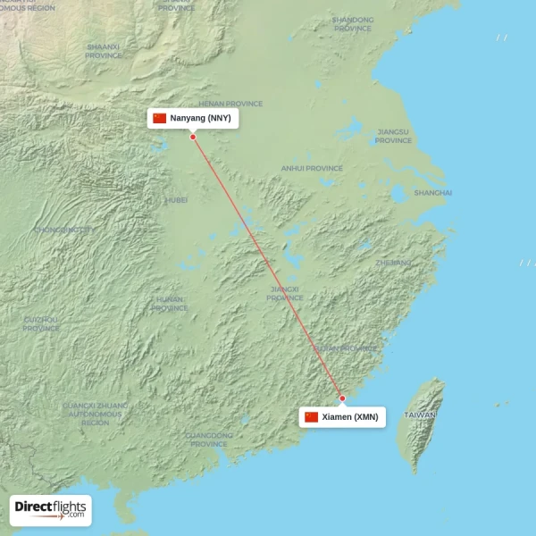 Xiamen - Nanyang direct flight map