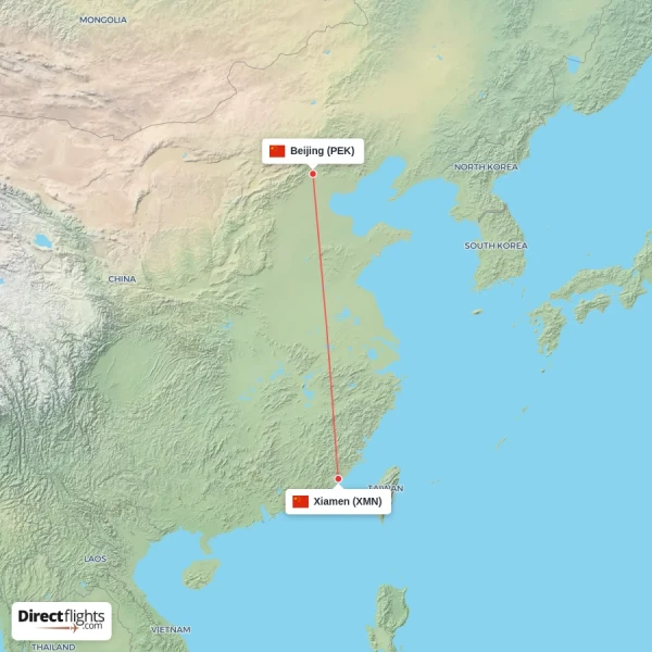Xiamen - Beijing direct flight map