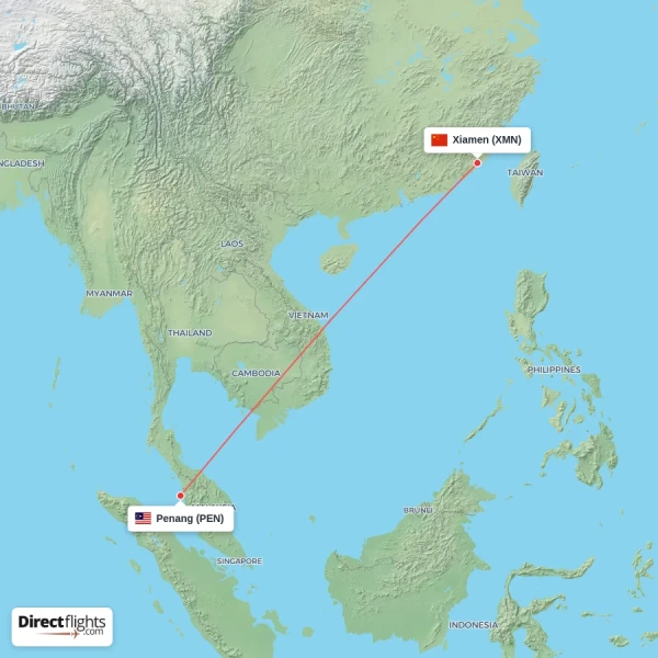 Xiamen - Penang direct flight map