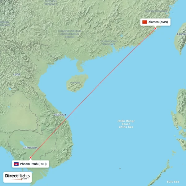 Xiamen - Phnom Penh direct flight map