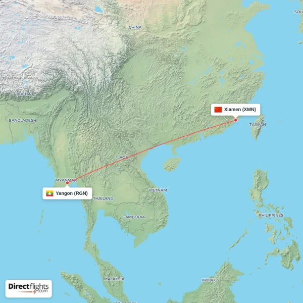 Xiamen - Yangon direct flight map