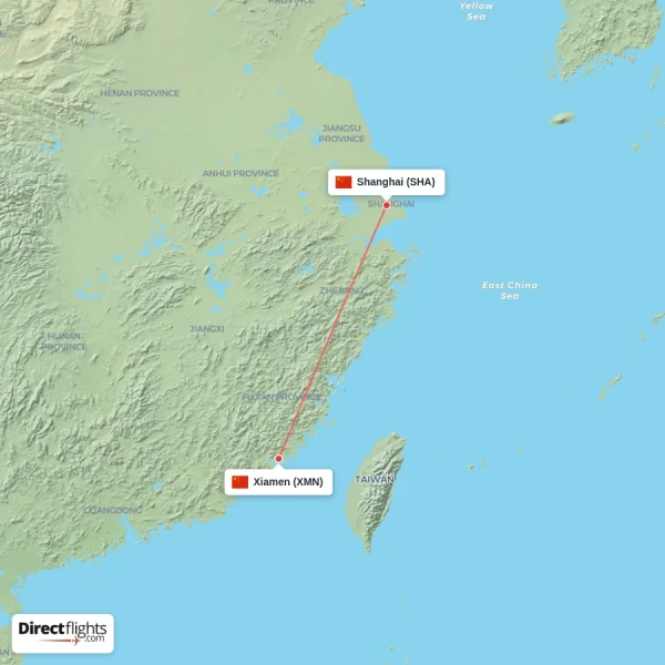 Xiamen - Shanghai direct flight map