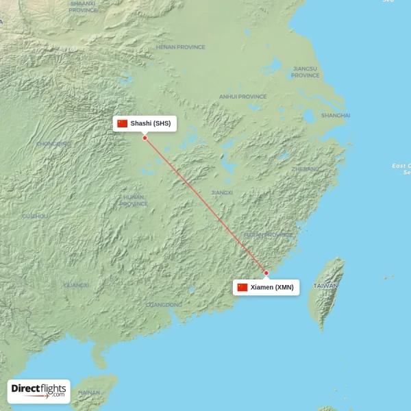 Xiamen - Shashi direct flight map