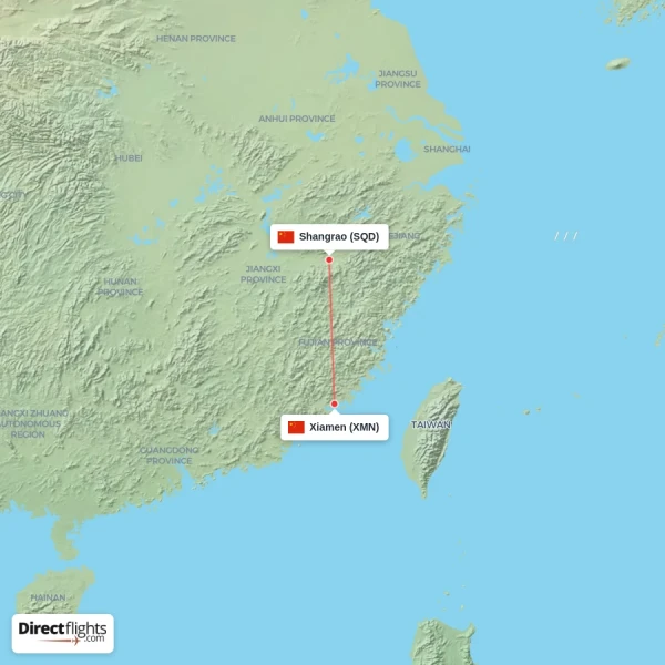 Xiamen - Shangrao direct flight map
