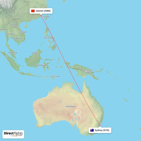 Xiamen - Sydney direct flight map