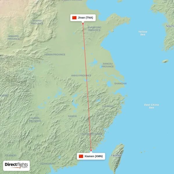 Xiamen - Jinan direct flight map