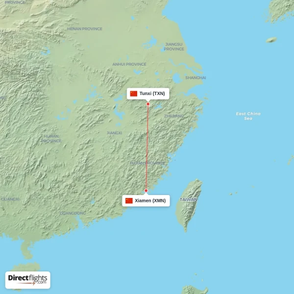 Xiamen - Tunxi direct flight map