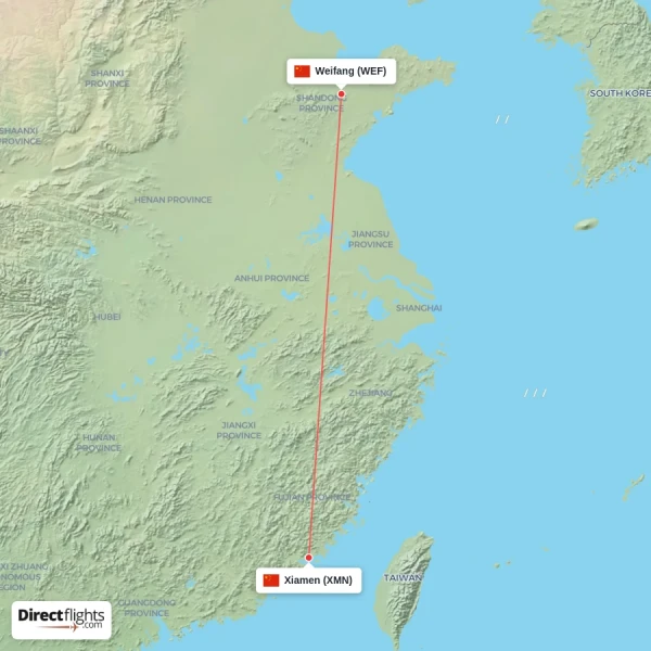 Xiamen - Weifang direct flight map