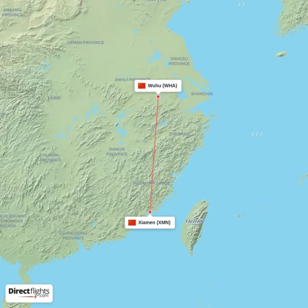 Xiamen - Wuhu direct flight map