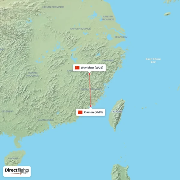 Xiamen - Wuyishan direct flight map