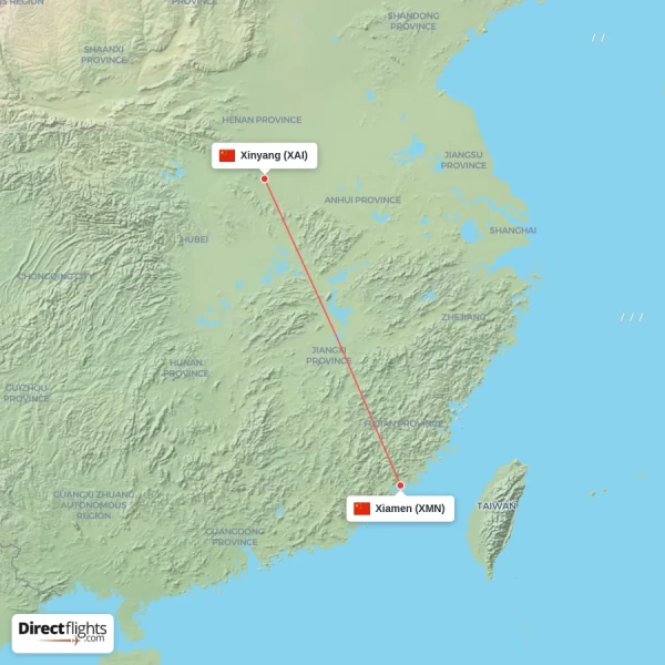 Xiamen - Xinyang direct flight map