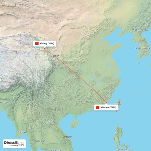 Xiamen - Xining direct flight map